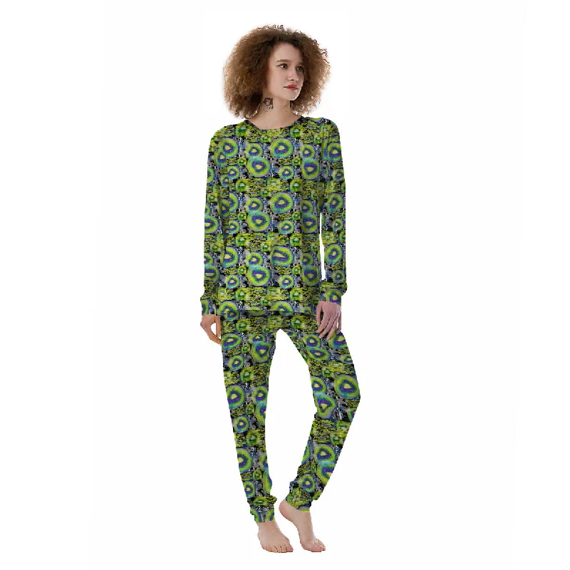 Abstract Kiwi Glitch Print Pattern Women's Pajamas