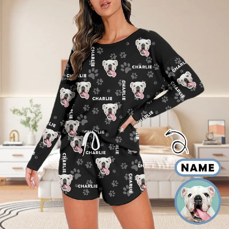 Custom Pet Face&Name Pajama Set Personalized Women's Long Sleeve Top and Shorts 2 Piece Loungewear