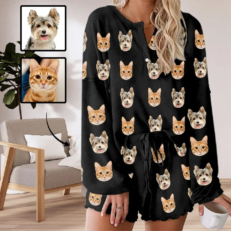 Custom Pets Faces Black Women's Long Sleeve Short Pajama Set