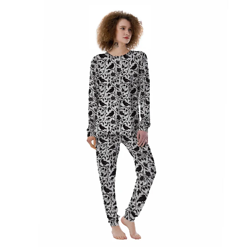 Dark Floral And Crow Print Pattern Women's Pajamas