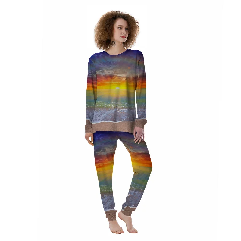 Sunset And Rainbow On Beach Print Women's Pajamas