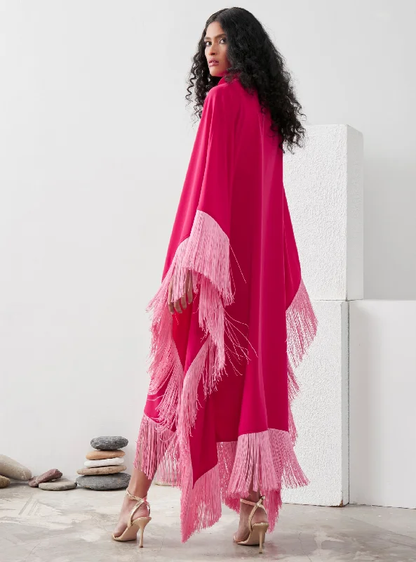 Fushia Pink Fringed Kaftan Dress With Tie Neck Detailed