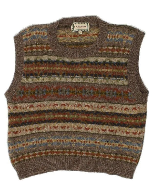 MONSOON Womens Crop Vest Tank Top UK 12 Medium Brown Fair Isle Wool