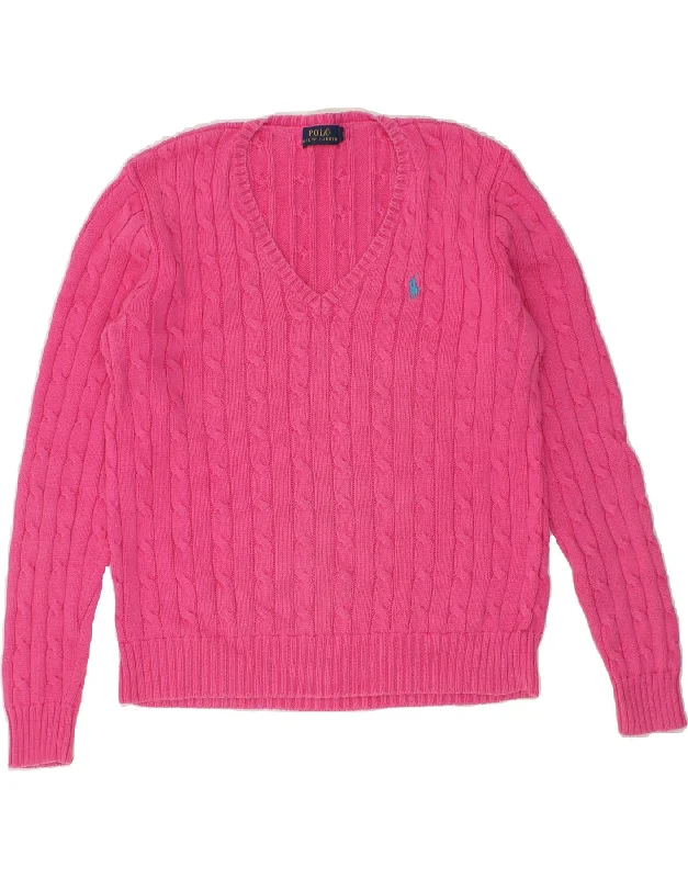 POLO RALPH LAUREN Womens V-Neck Jumper Sweater UK 16 Large Pink Cotton