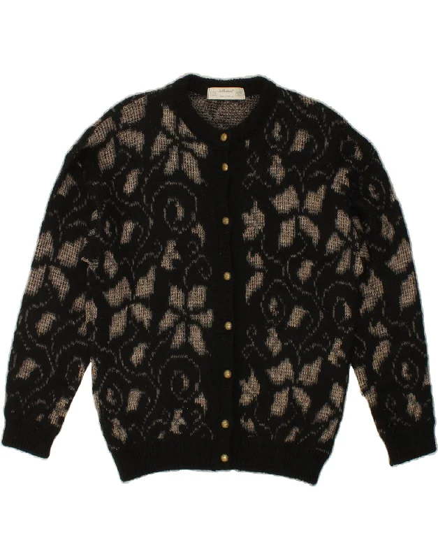 VINTAGE Womens Cardigan Sweater UK 12/14 Medium Black Floral Acrylic