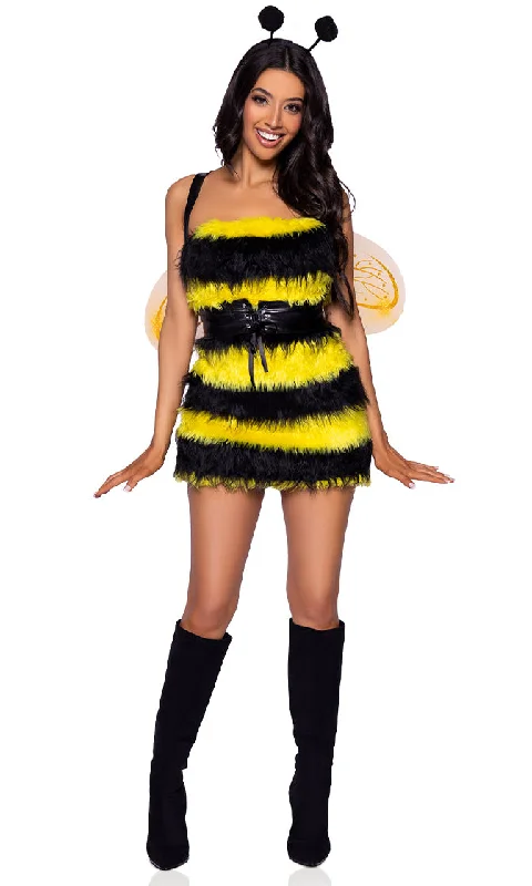 Buzz Worthy<br><span> Yellow Black Stripe Pattern Faux Fur Sleeveless Spaghetti Strap Square Neck Wing Mini Dress Three Piece Halloween Costume Set</span>