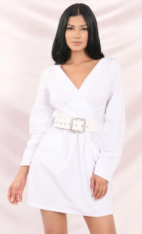 Cross Your Heart White Long Sleeve Off The Shoulder Cross Wrap V Neck Belted A Line Flare Casual Mini Dress