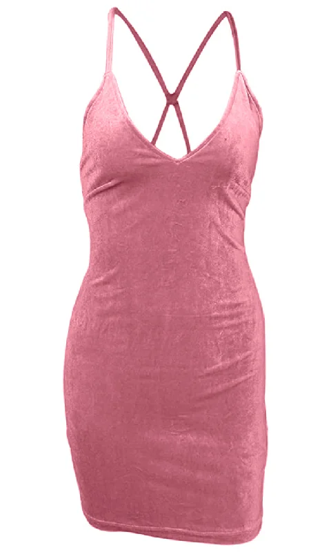 Hot Stuff Pink Velvet Sleeveless Spaghetti Strap Plunge V Neck Lace Up Back Bodycon Mini Dress