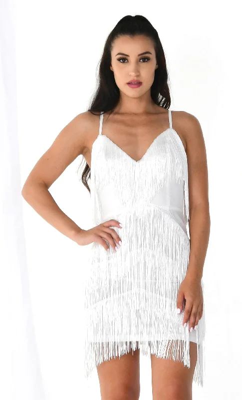 I'm Feeling Something White Sleeveless Spaghetti Strap Fringe Tassel V Neck Bodycon Mini Dress