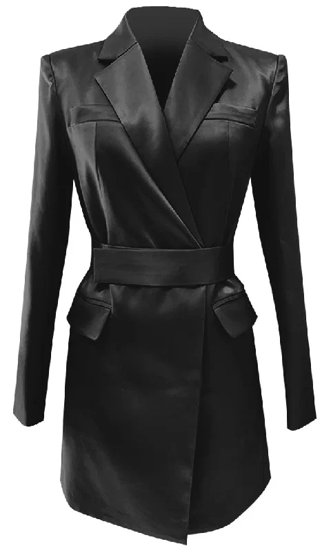 In A Blaze <br><span>Black Satin Long Sleeve Collar Belted Blazer Mini Dress</span