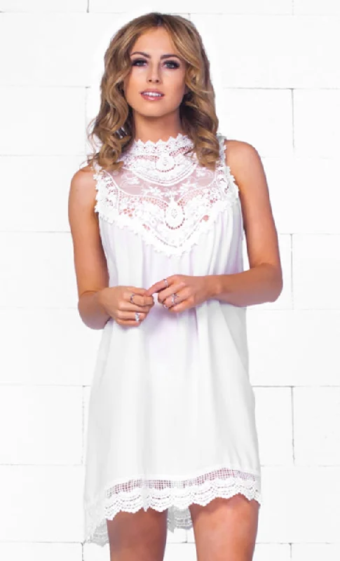 Indie XO Victorian Era White Sleeveless Sheer Lace Halter Neck Scalloped Hem Mini Dress - Just Ours!