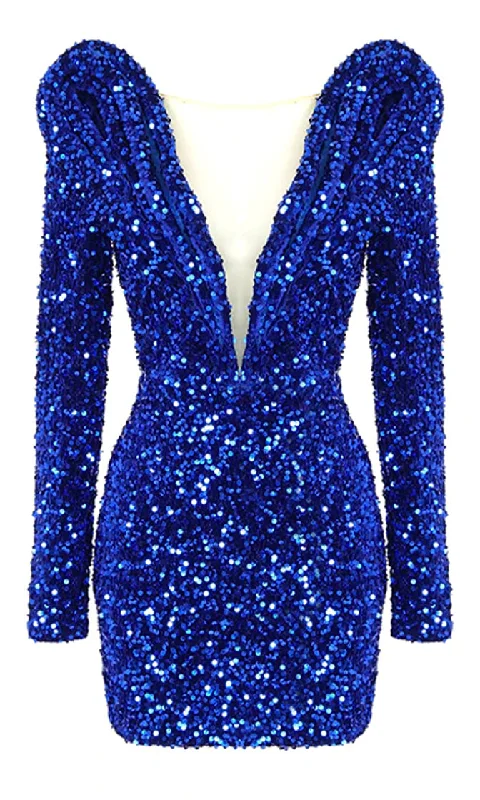 Light Up The Night <br><span>Royal Blue Sequin Long Sleeve Puff Shoulder Plunge V Neck Bodycon Mini Dress</span>