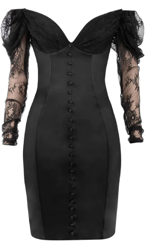 Romancing Everyone Black Sheer Mesh Lace Long Sleeve Off The Shoulder V Neck Button Bodycon Mini Dress