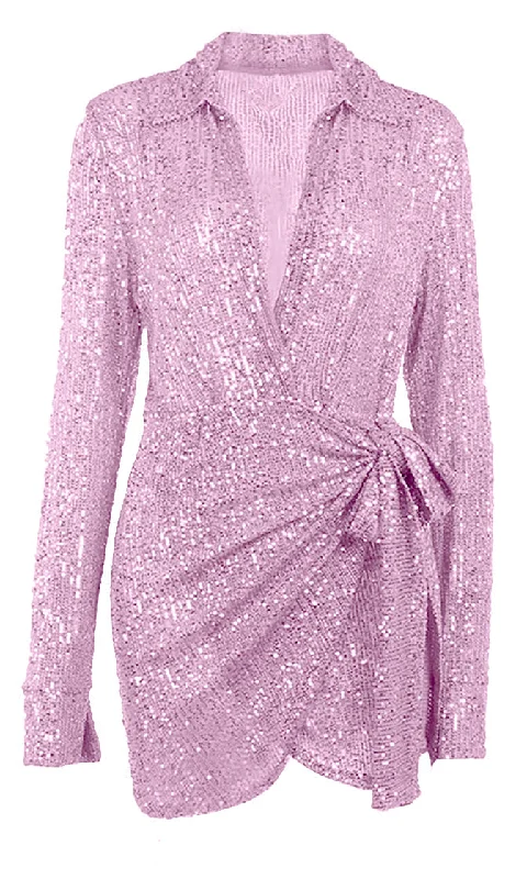 Shimmer Baby <br><span>Pink Sequin Long Sleeve Collar Plunge V Neck Faux Wrap Tie Waist Mini Dress</span>