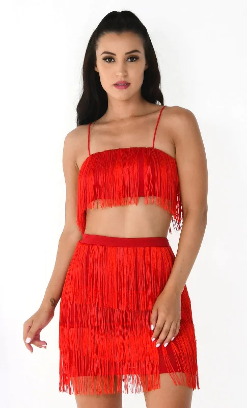 Shot Caller Red Sleeveless Spaghetti Strap Fringe Crop Top Bodycon Two Piece Mini Dress