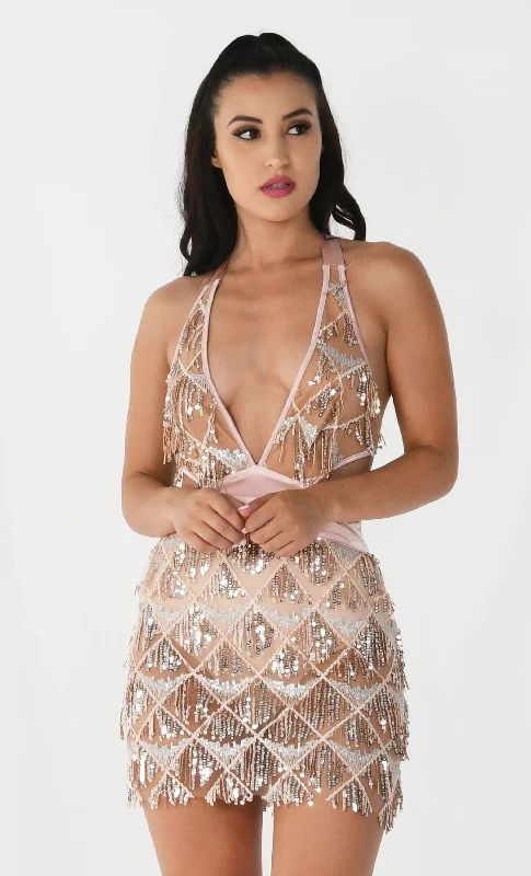 Start A Riot Biege Sheer Mesh Geometric Pattern Sequin Fringe Sleeveless Pink Satin Ribbon Plunge V Neck Mini Dress