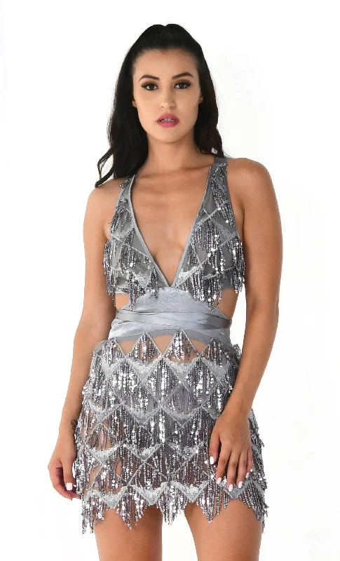 Start A Riot Silver Sheer Mesh Geometric Pattern Sequin Fringe Sleeveless Satin Ribbon Plunge V Neck Mini Dress