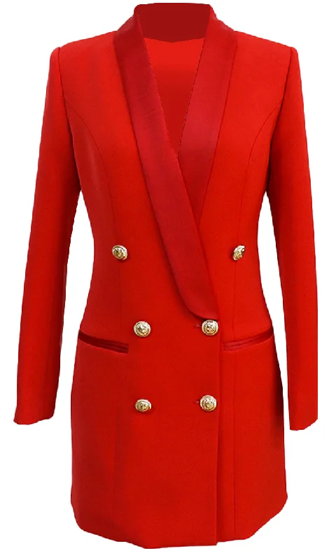 Touch Of Sass <br><span>Red Satin Lapel Double Breasted Button Long Sleeve Welt Pocket Blazer Mini Dress</span>