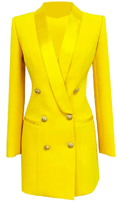 Touch Of Sass <br><span>Yellow Satin Lapel Double Breasted Button Long Sleeve Welt Pocket Blazer Mini Dress</span>