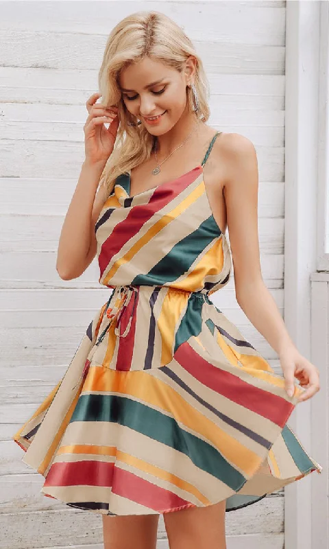 Warm Glow Rasta Multicolor Stripe Pattern Sleeveless Spaghetti Strap V Neck Elastic Waist Casual Flare Mini Dress