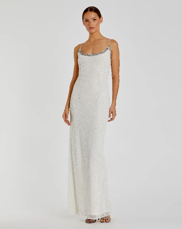 Beaded Spaghetti Strap Column Gown