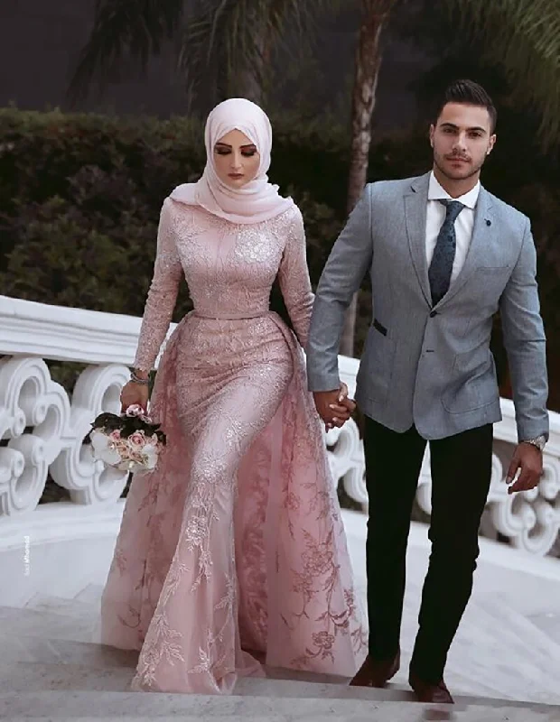 Custom Made Long Sleeve Mermaid Muslim Wedding Dresses Bridal Gowns With Veil