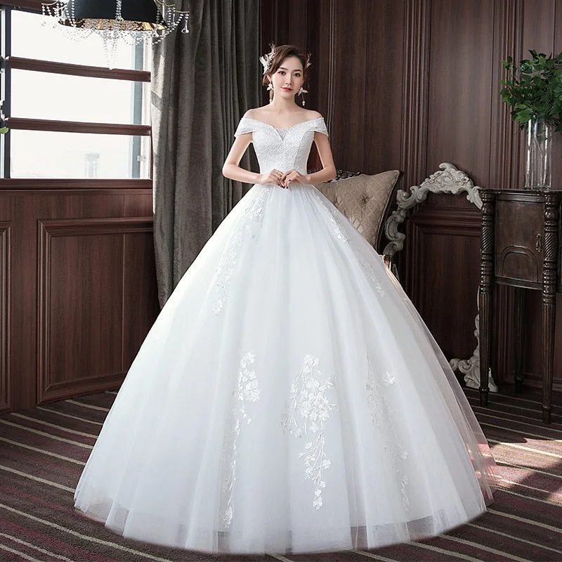 Wedding Dress Embroidered Lace on Net Boat Neck Lace up Marry Dresses