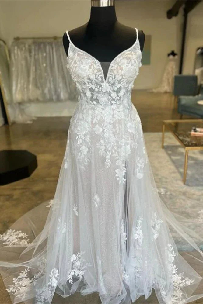 Sheer Tulle A-Line V-Neck Sleeveless With Train Appliques Wedding Dress