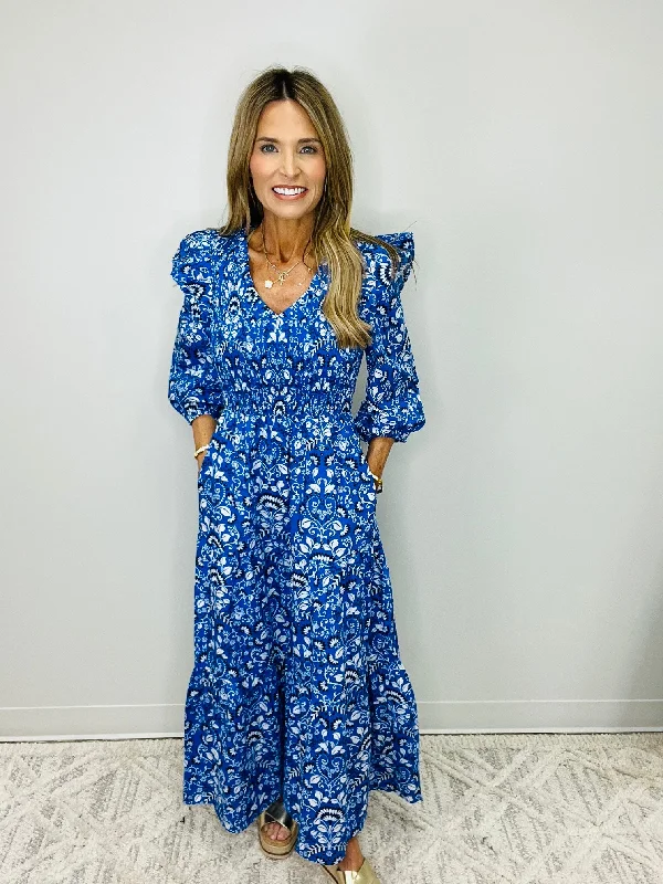 LULU BLUE FLORAL MIDI DRESS