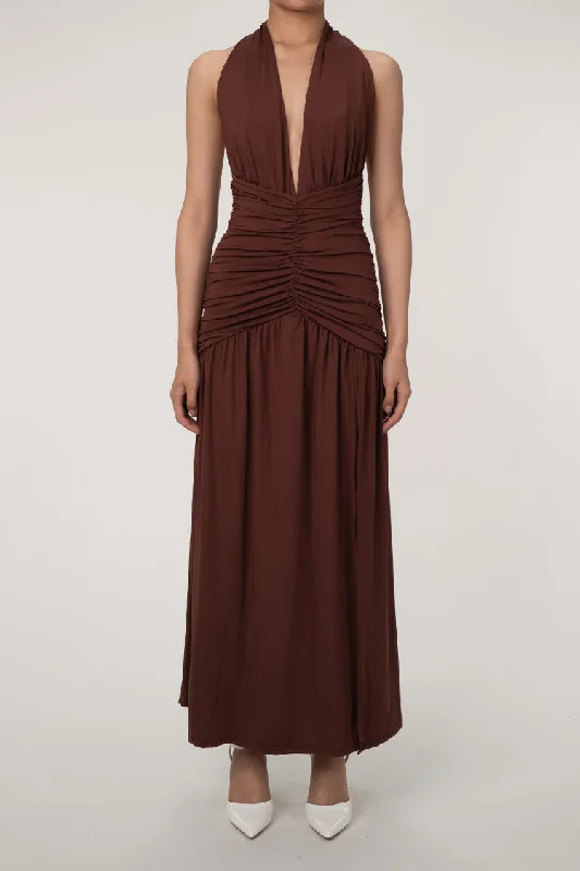 Sexy Plunge Halter Neck Backless Ruched High Split Evening Maxi Dress