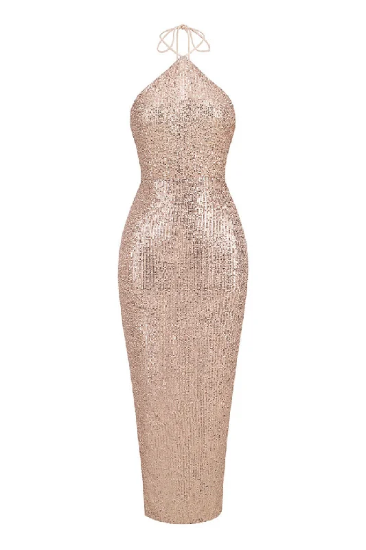 Sparkly Sequin Halter Sleeveless Bodycon Backless Split Evening Maxi Dress