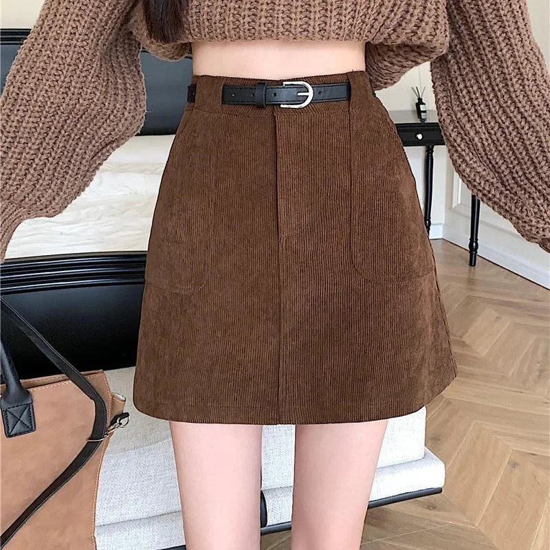 FashionSierra - New Autumn Winter Corduroy Mini Women Fashion High Waist A-line Package Hip Korean Ladies Short Skirt