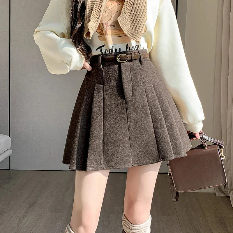 FashionSierra - New Korean Fashion High Waist A-line Mini Pleated Women Autumn Winter Woolen Woman Casual Wool Short Skirt