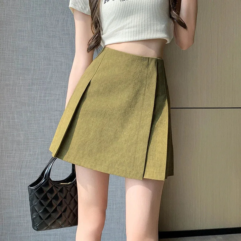 FashionSierra - New Spring Summer High Waist Pleated Mini Women Fashion A-line Short Korean Style Woman Casual Cotton Skirt