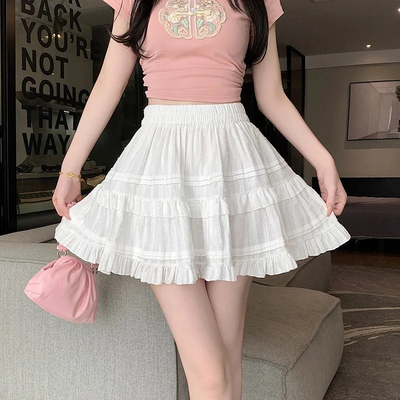 FashionSierra Woman Elegant French Style White Ruffled Tutu New Spring Summer Elastic High Waist A-line Pleated Mini Skirt