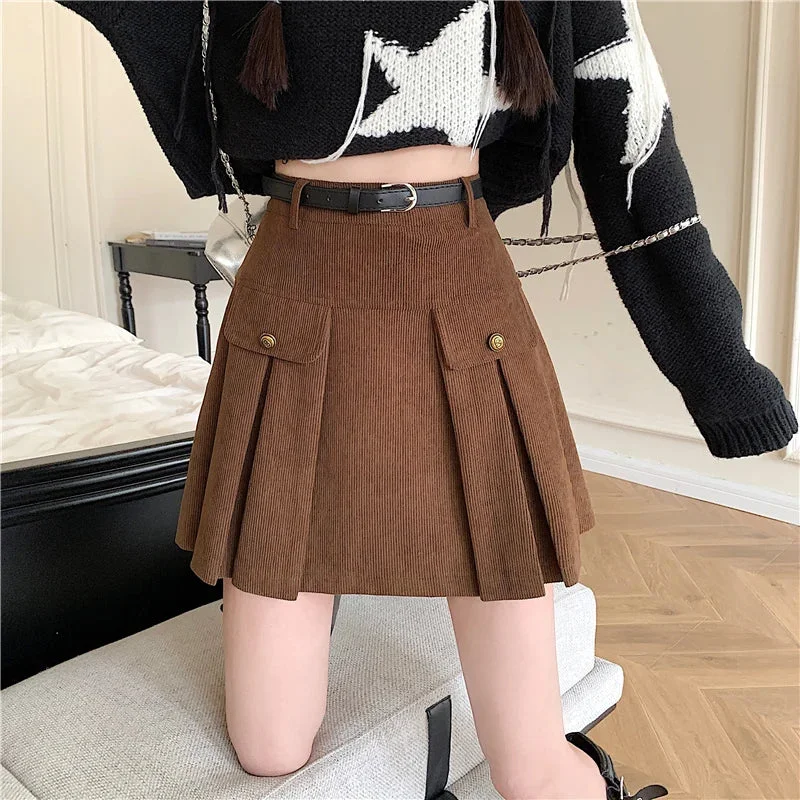 FashionSierra - New Autumn Winter Corduroy Womens Vintage Buttons High Wasit A-line Mini Pleated Korean Woman Short Skirt