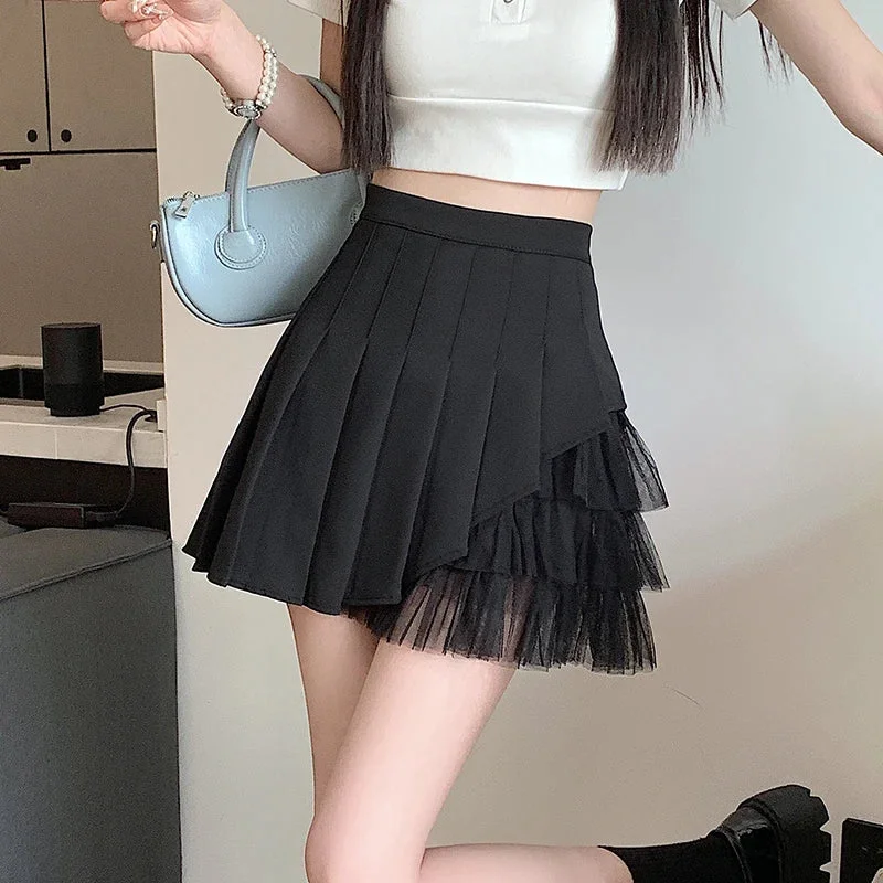 FashionSierra - Korean Soft Sister Tulle Patchwork Pleated Mini Women New Summer High Waist A-line Female Casual Short Skirt