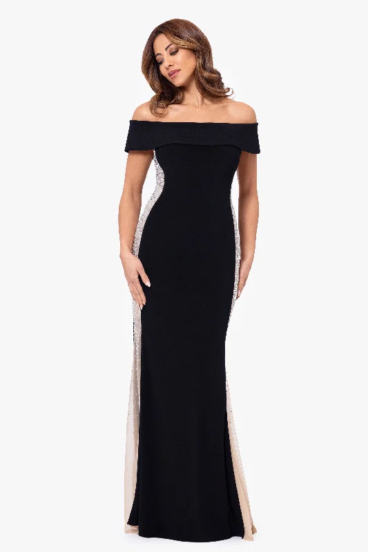 Petite "Brianna" Off the Shoulder Jersey Knit Caviar Beaded Gown