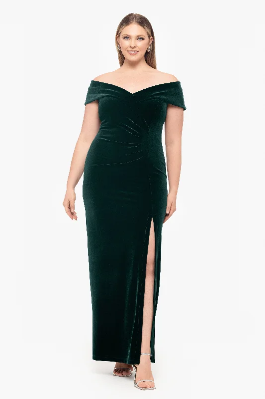 Plus "Charmaine" Long Off the Shoulder Velvet Gown