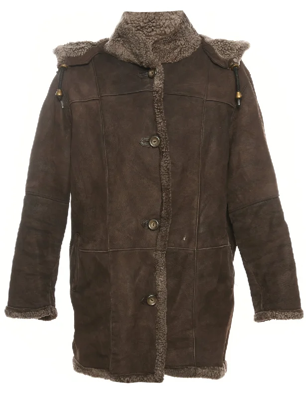 Hooded Dark Brown Suede Sherling Coat - M