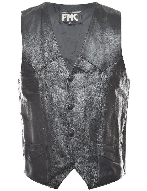 Popper Front Leather Waistcoat - M