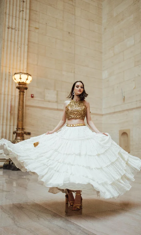 Zaida Gold and White Tiered Lehenga Set