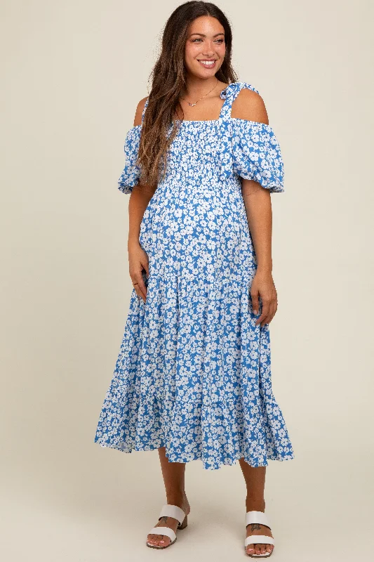 Blue Floral Off Shoulder Smocked Maternity Dress