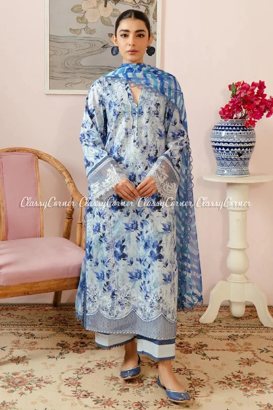 Blue Printed Lawn Semi Formal Suit