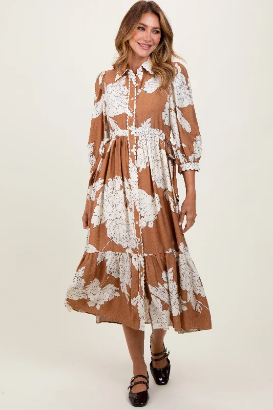 Camel Floral Print Cinched Tie Waist Shirt Dress