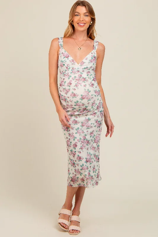 Cream Floral Mesh Lace Top Maternity Dress