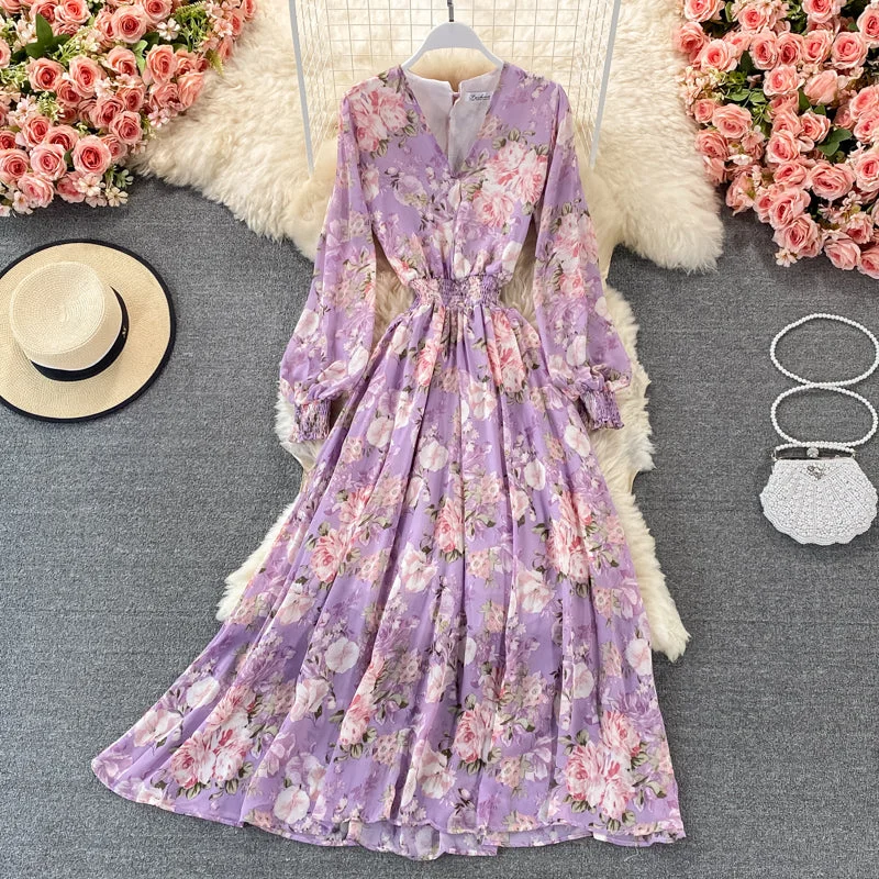 Long sleeve Vintage V-neck Floral Chiffon Dress  3322