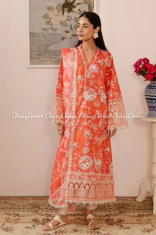 Orange Printed Lawn Pakistani Suit