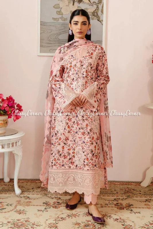 Peach Printed Lawn Emroidered Suit