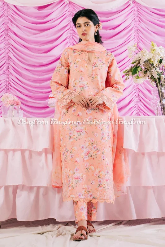 Peach Printed Pakistani 3pc Lawn Suit